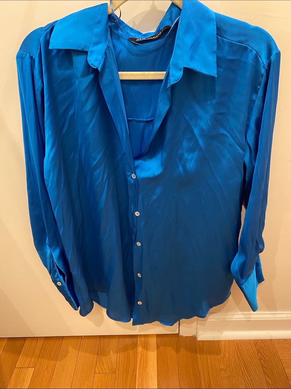 Zara Vibrant Royal Blue Satin Button-Down Shirt